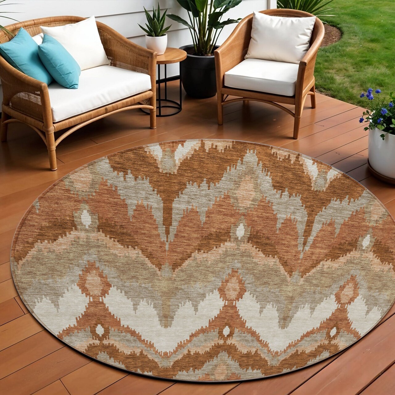 Edge Collections - 8' - Orange - Ikat Pattern Area Rug for Indoor and Outdoor Use - 1 Piece